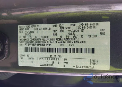 2021 Ford F-150 Xl из США, поврежденный, VIN 1FTEW1EP1MKE81404